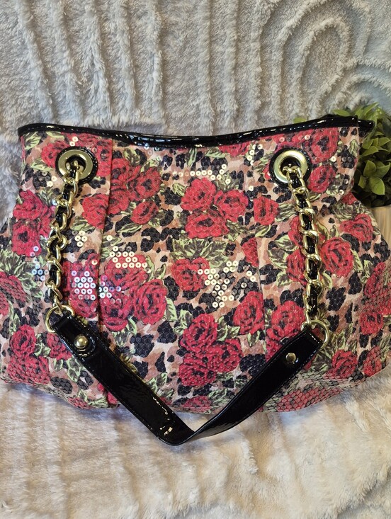 Betsey Johnson Sequined Pleated Tote Black Floral Hobo Handbag Purse Colorful main image 12